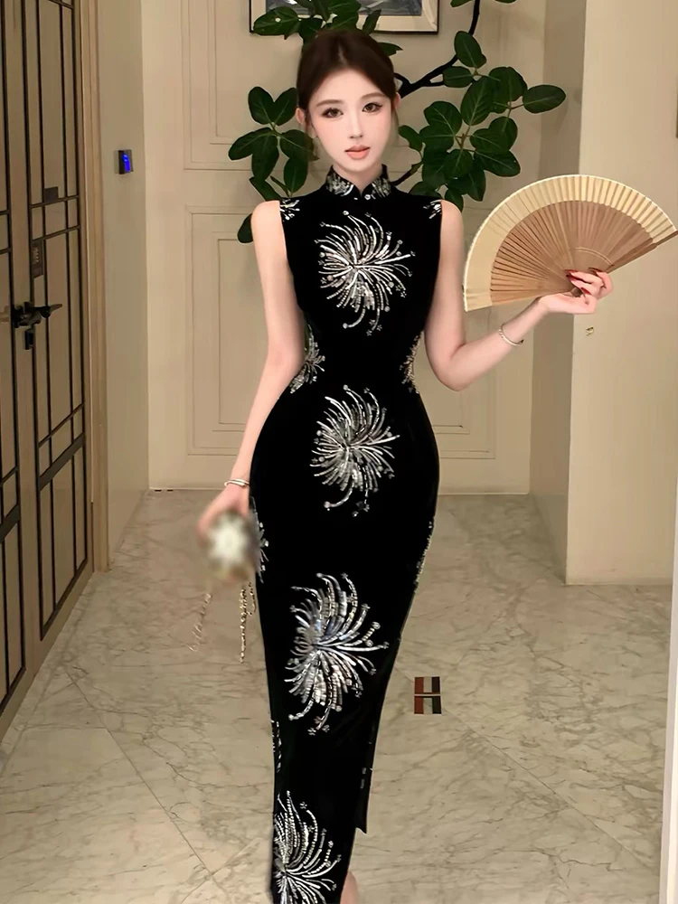 

Women Qipao Elegant Luxury Glitter Sequin Black Velvet Bodycon Maxi Dress Formal Party Prom Gown Robe Chinese Style Vestidos New