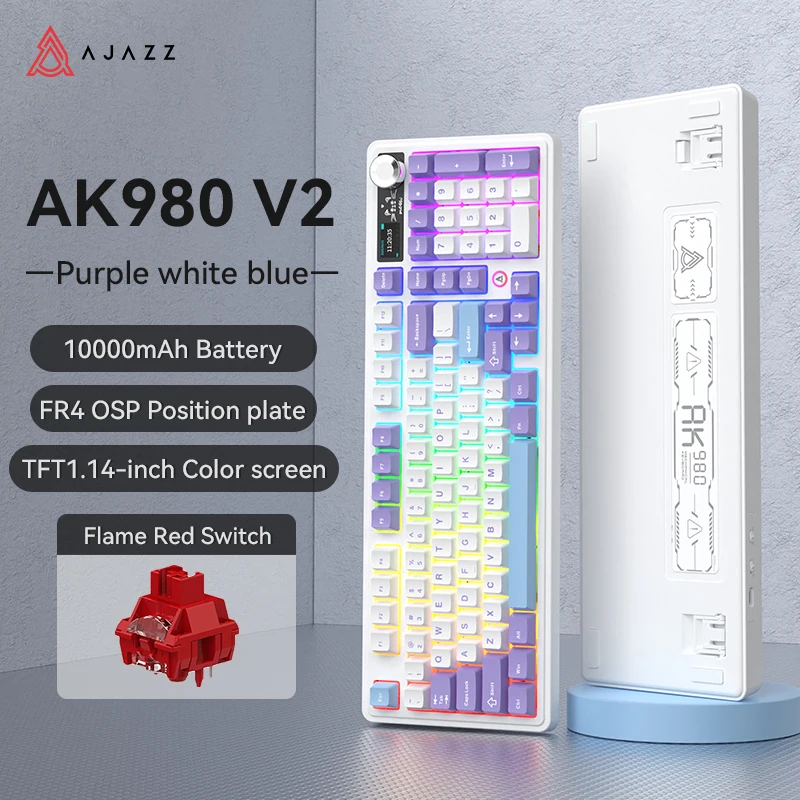 AJAZZ AK980 V2 Three-mode Wired Mechanical Keyboard Hot-swappable Gasket RGB Low-noise Ergonomic Office Gaming Keyboard