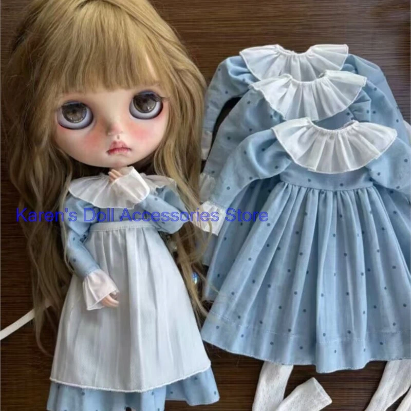 3pcs Blue polka dot dress+Apron + white stockings for Blythe/landoudou(Fit for Lulu,ymy24,Ob22,24,26,zone, Jenny)