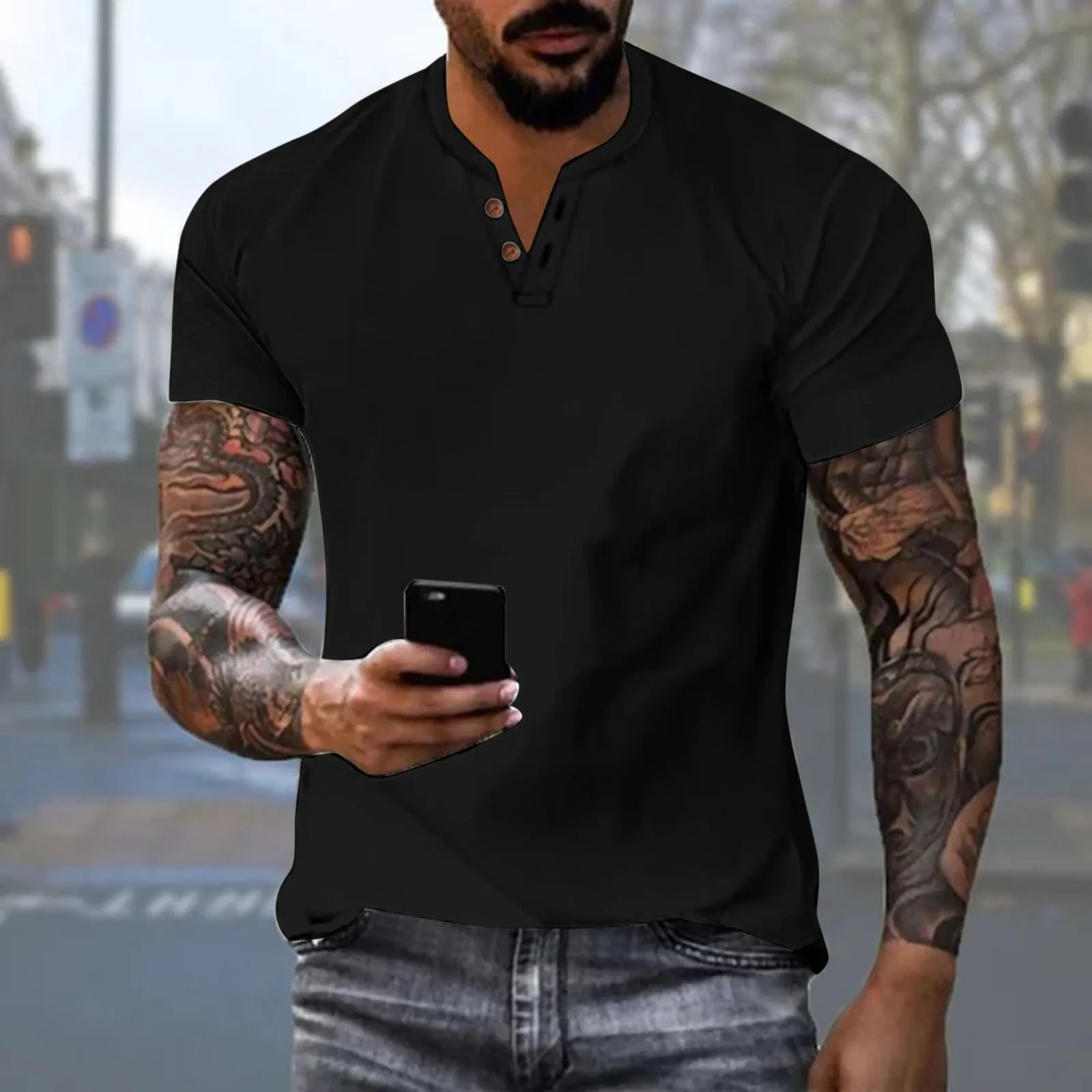 Mens Solid Color T Shirts V-Neck Button Short Sleeve Slim Fit Elegant Tops Clothes Summer Streetwear Vacation Vintage Garment