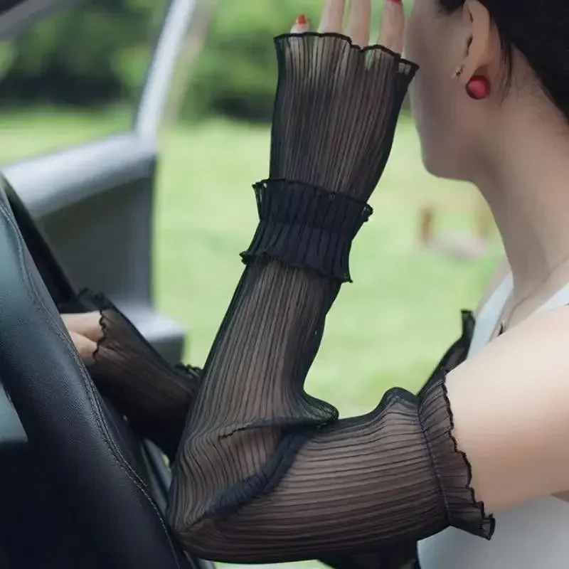ロング指なし手袋女性日焼け止め夏袖手袋女性薄型レースメッシュアームスリーブ日焼け止め Uv 通気性ミトン