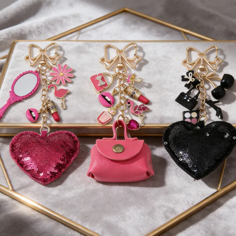 1pc Beautiful Pink Black Reflective Bright Surface Heart Bag Enamel Keychain Lipstick Lips Beauty Theme Series Classic Keyring