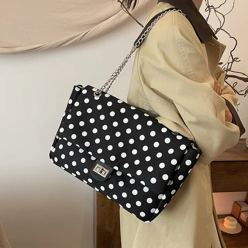 

2025 Fall Polka Dot Tote Bag Spacious Shoulder Purse with Chain Strap Trendy Underarm Handbag Versatile Casual Work Bag