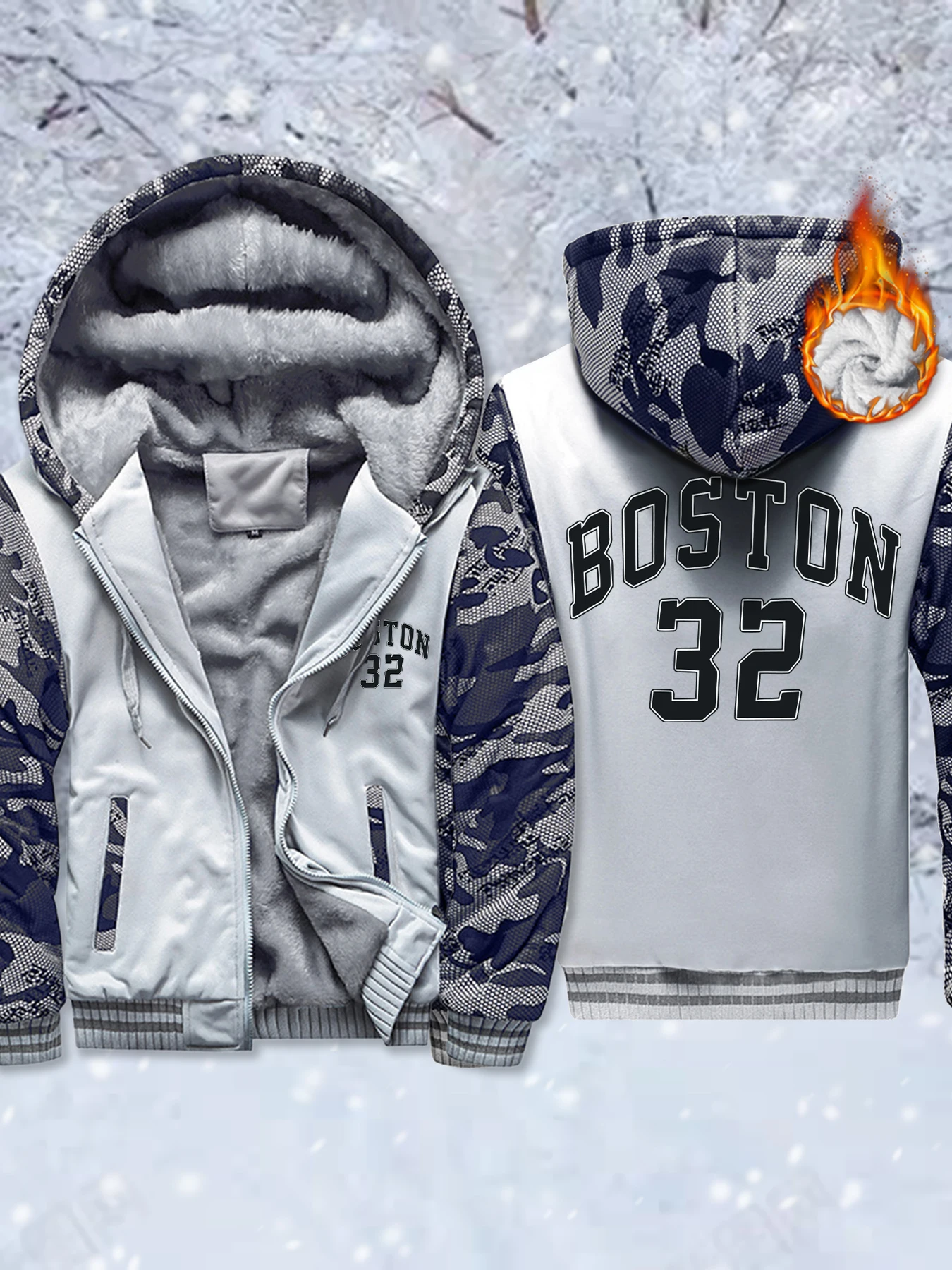 

Boston Number 32 Pattern Man'S Clothing Outdoor Fleece Coat Winter Warm Jacket Fashion Casual Streetwear Thickened Hoodies