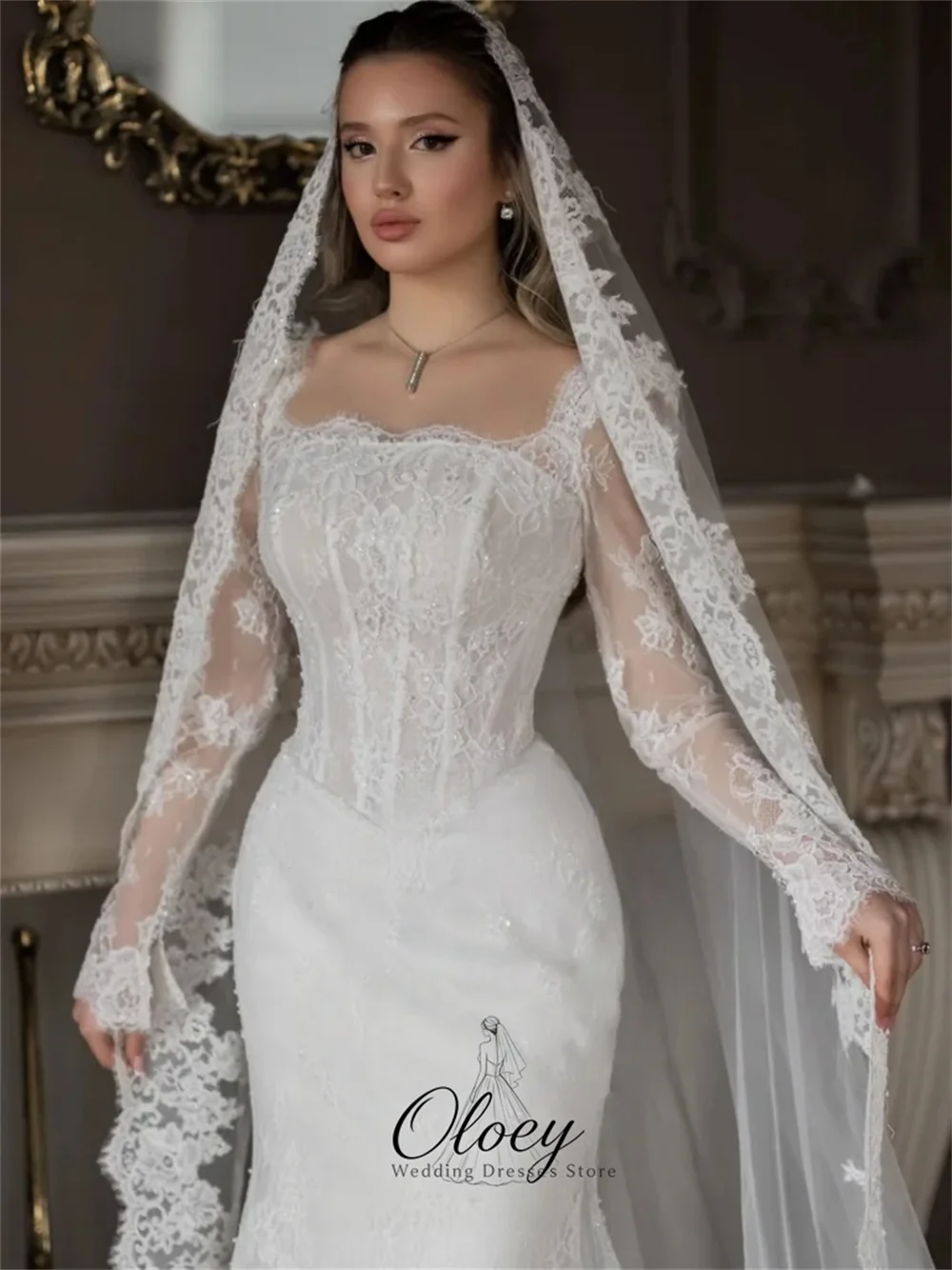 OLOEY Customized Glamorous Square Collar Long Sleeve Bridal Gown Lace Mermaid Wedding Dresses For Woman Vestidos De Novia