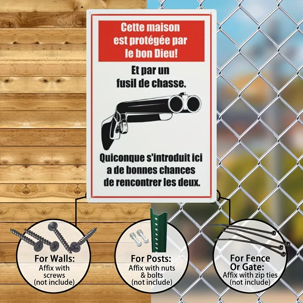 1pc Metal Sign, Fusil De Chasse Metal Plate with Slogan This House Is Protected by God! And by A Hunting Rifle 20*30Cm