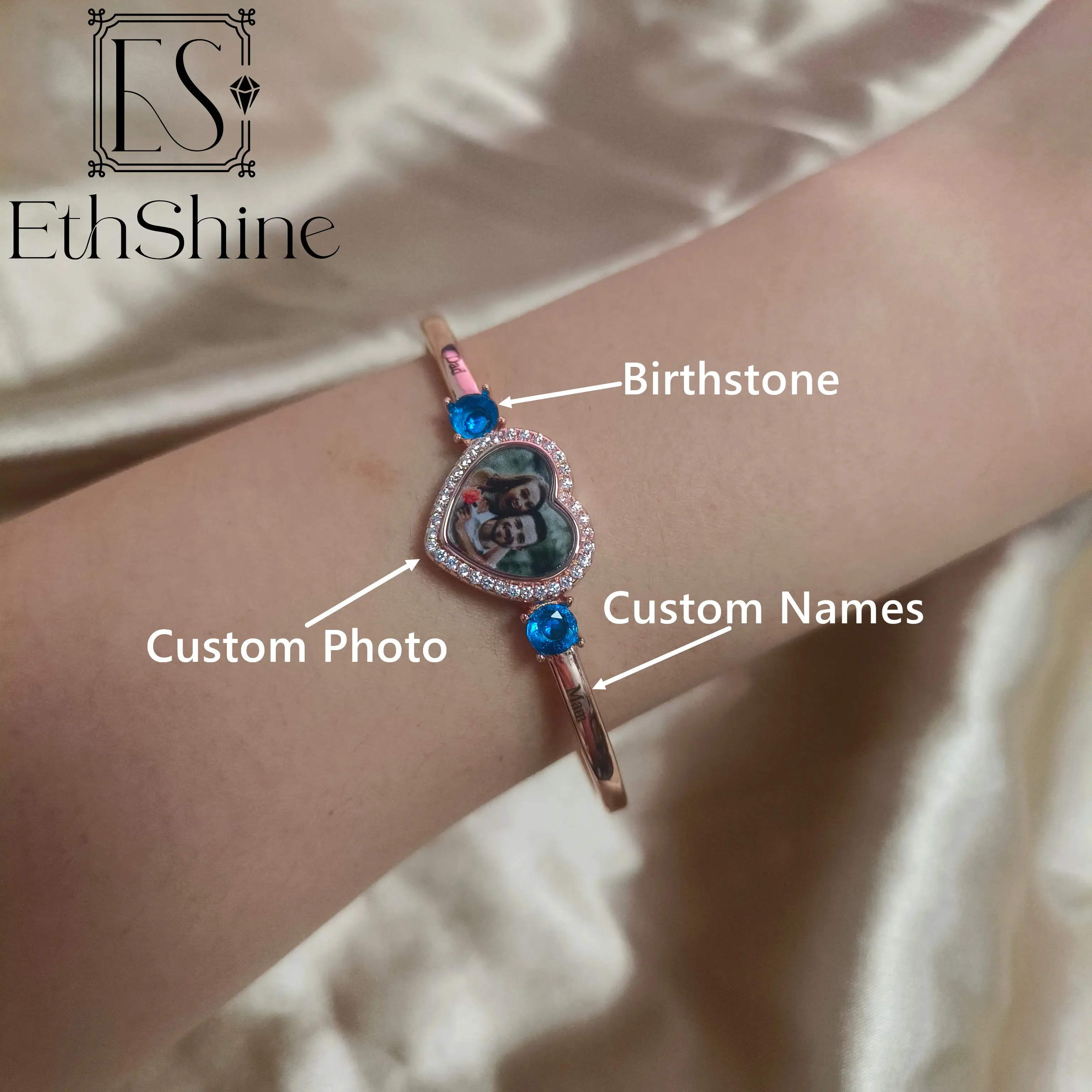 

Персонализированные браслеты с изображением для женщин, браслет-манжета в форме сердца на заказ, браслет с выгравированными именами, браслет с камнем, памятные украшения