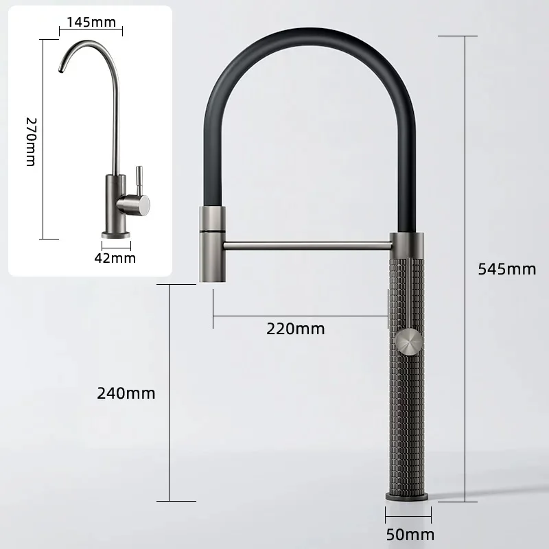 High Quality Solid Brass Kitchen Faucet with Pull-Down Sprayer Hot and Cold Kitchen Tap Drinking Water Kitchen Faucet,Grey,Gold