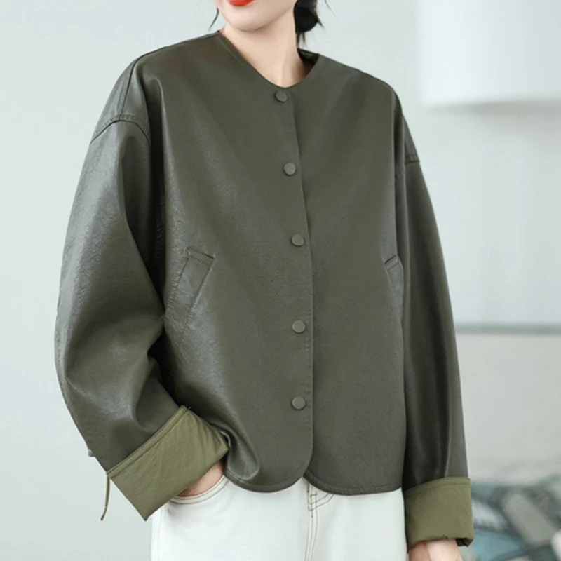 Masa Wasss Chińskie 2025 Jesień Damskie Luźne Vintage Klasyczne Sztuczne Skórzane Płaszcze Damskie Modne Wiatrówki Eleganckie Kurtki PU