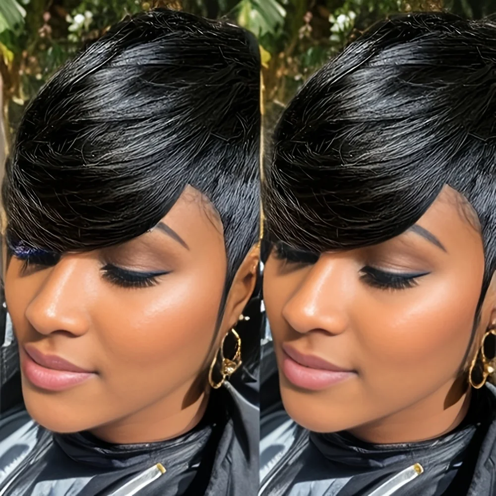 

Short Pixie Cut Natural Black Machine Made Wigs Human Hair With Bang Hair Daily Use Short Hair Costume Party Wig for Women