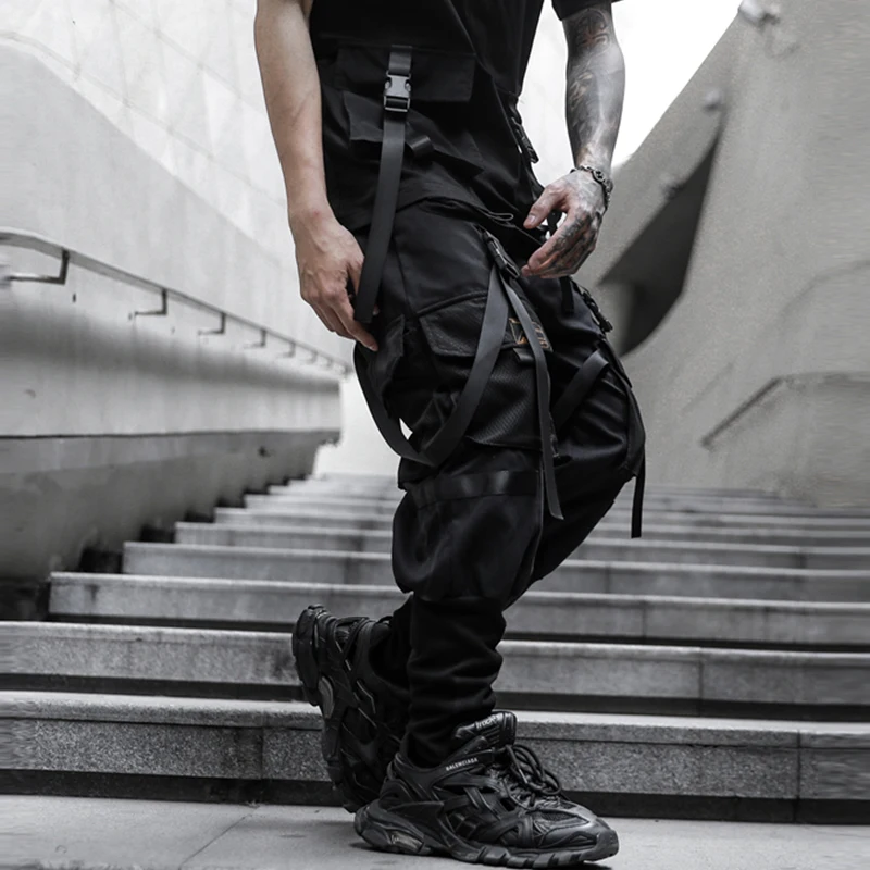 

2024 New Streetwear Pants Hip Hop Joggers Pockets Men Harem Casual Men Pants Ankle-length Ribbons Black Trousers Men ABZ696