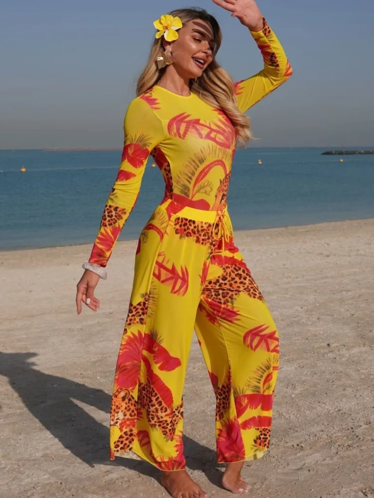 

Бикини в стиле ретро с принтом, модный цельный купальник и накидка, узкие женские бандажные летние пляжные роскошные элегантные брюки 2026