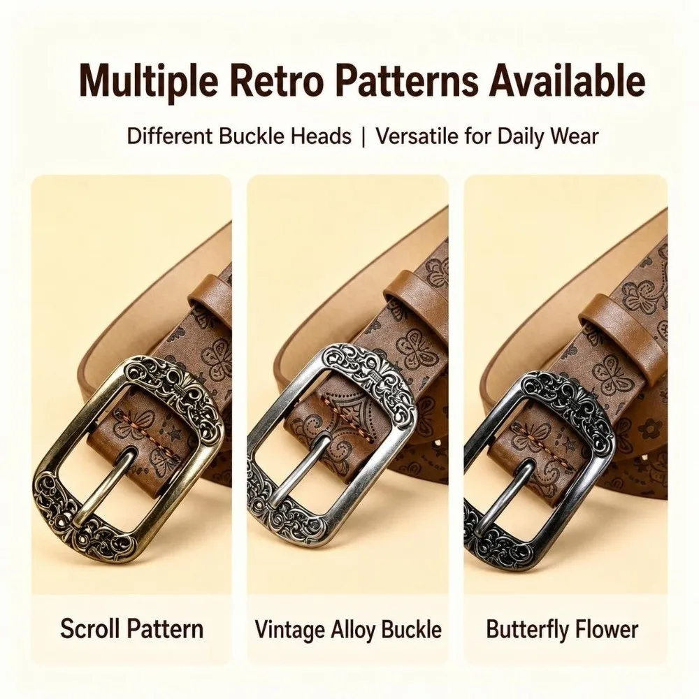 Alloy Pin Buckle PU Leather Belt Antique Metal Buckle Carved Embossed Pattern Waist Belt Faux Leather Western Style