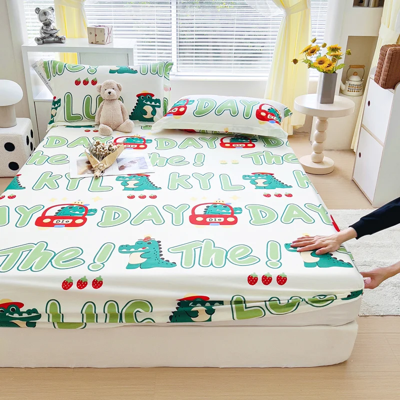 Cute Cartoon Crocodile Pattern Fitted Sheet Set 100% Cotton Modern Bedding Set Skin-friendly Anti-slip Bed Cover for Boys Girls