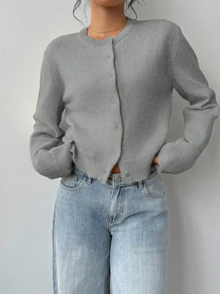 

Casual Solid Color Crew Neck Loose Cropped Long Sleeve Cardigan Sweater For Women