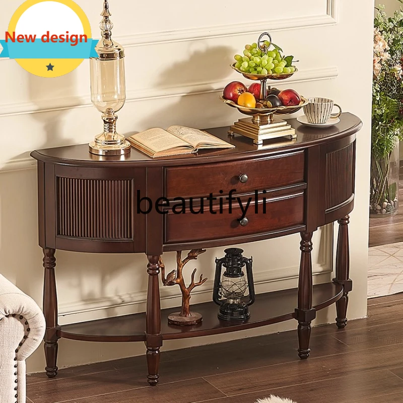 

A139 American Retro Half Round Table Entrance Table Living Room Entrance Cabinet Solid Wood Side Table Decorative Storage Cabine