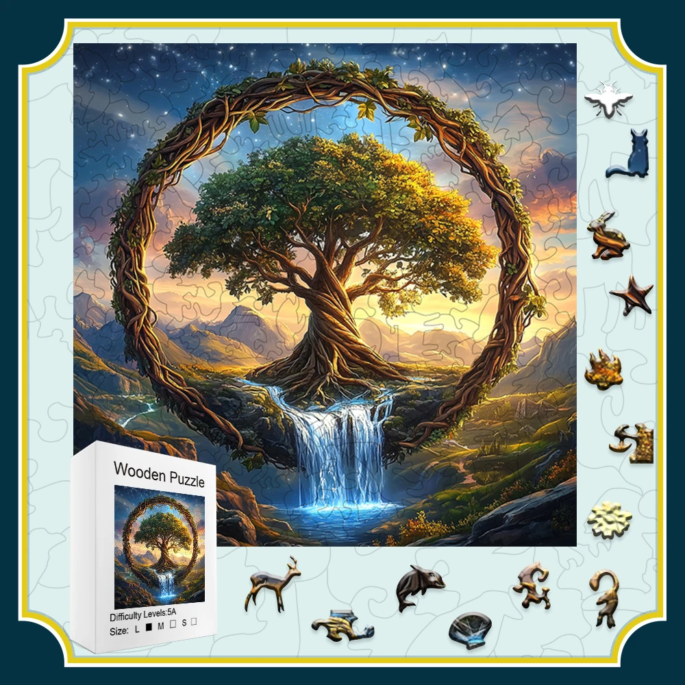 Colorful Tree of Life Wooden Puzzle: Vibrant Natural & Celestial Art-Inspired Design | Handcrafted Brain-Teasing Family Activity