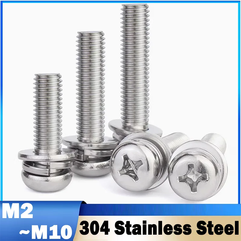 304 Stainless Steel Three Combination Machine Screw M2 M3 M4 M5 M6 M8 M10 Cross Recessed Pan Head Screw with Washer