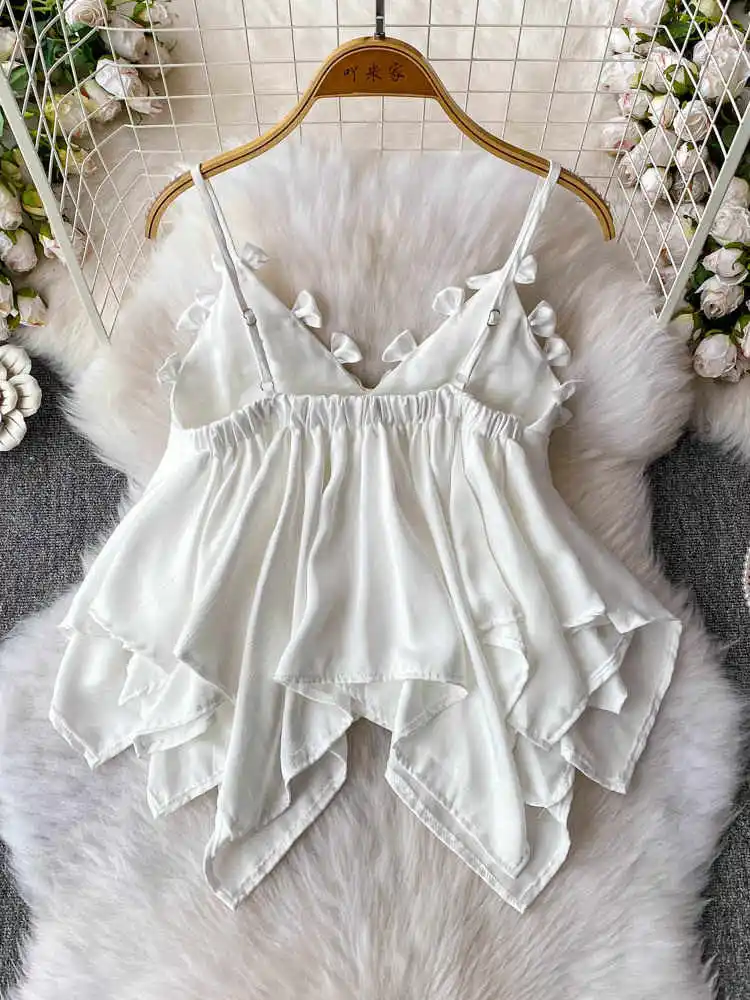 ผู้หญิงสีขาวBow Crop Top Vintage Y2k Camisoleปิดไหล่ไม่สมมาตรรัดตัวTopเสื้อกั๊กTank Top 2000Sเสื้อผ้า 2025