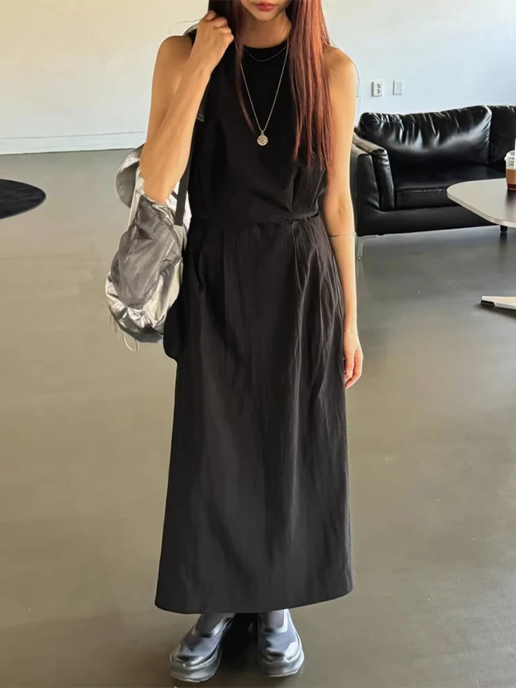 Chique verão sem mangas sem costas em torno do pescoço colete vestido f cintura alta emaecimento design estilo corea...