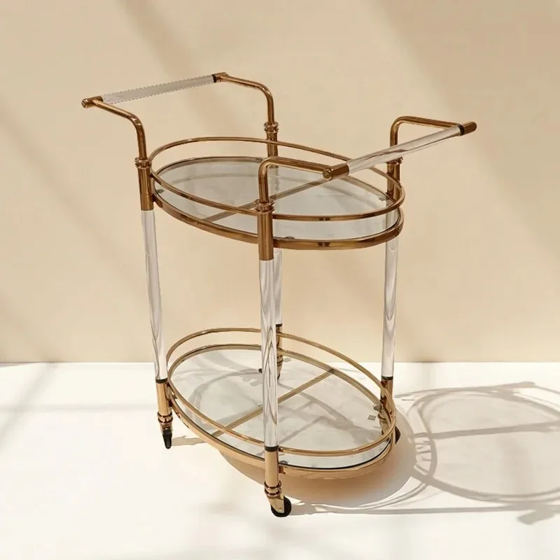 عربة النبيذ الأكريليك الأوروبية ذات الطبقة المزدوجة لبار الفندق عربة رف متنقلة معدنية خفيفة عربة طعام فاخرة من الفولاذ المقاوم للصدأ #4