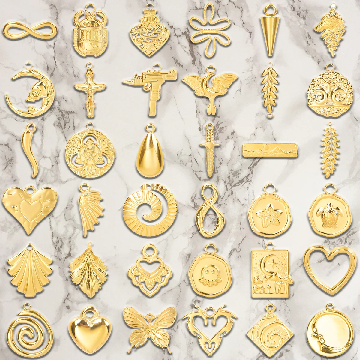 Pendentifs dorés en acier inoxydable, différents Styles, feuilles, ailes, cœurs, animaux marins, cigales, loup, breloques, résultats de fabrication de bijoux, 5 pièces