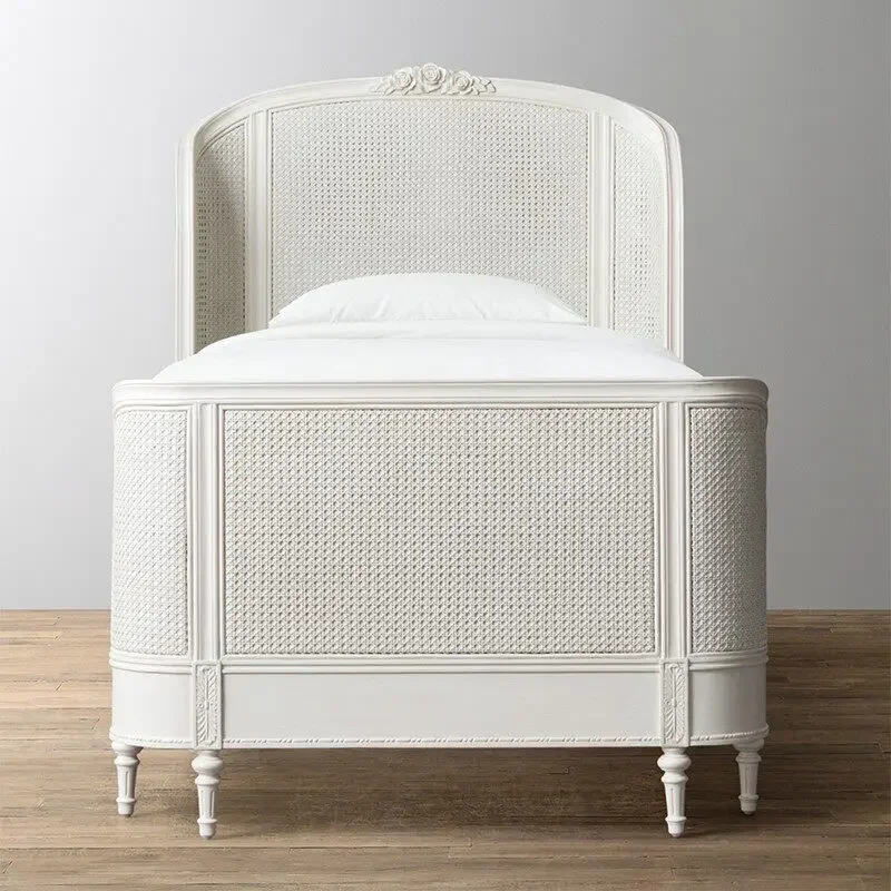 American country rattan bed 1.2 meters French solid wood bedroom white small apartment princess bed single children's bed