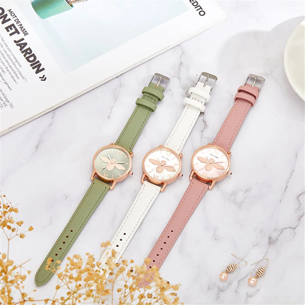 Fashion Casual Female Quartz Clock Simple Little Bee Design Women Watches Vintage Green Leather Ladies Luxury Wristwatches