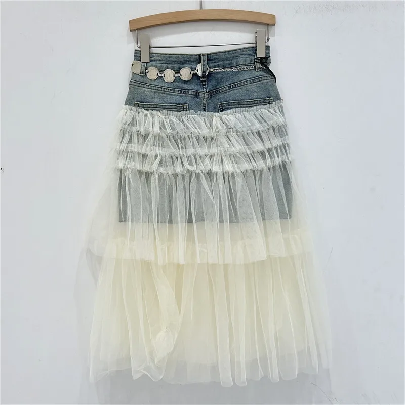 WTHT موضة جديدة للمرأة تقسم متعدد الطبقات الشاش الدنيم التنانير 2025 الصيف العصرية عالية الخصر ألف خط تنورة طويلة الإناث 1LS2144