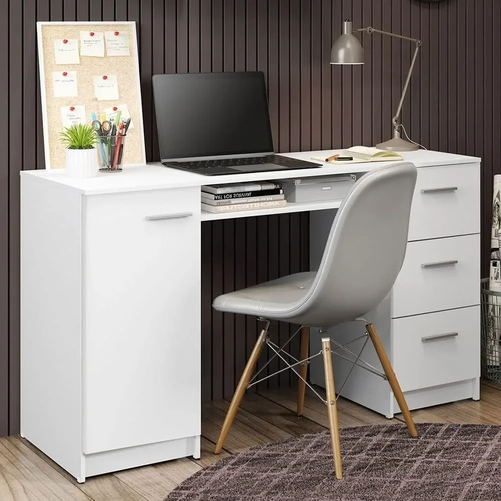 Office Desk With Drawers - 30” H X 18” D X 53” W - White Gaming Table for Pc Wood Writing Home Office Workstation Computer Desks