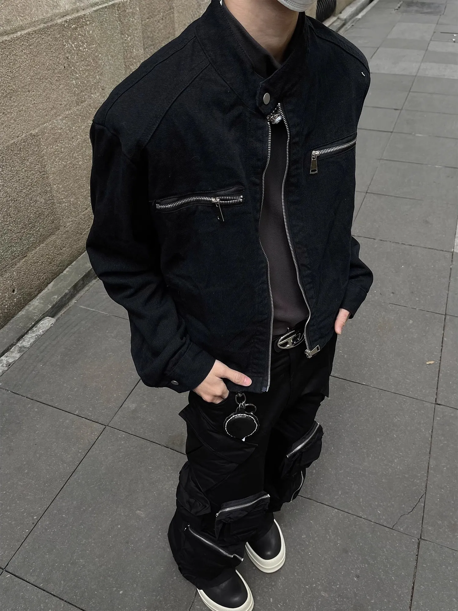 Retro American Double Zipper Design Button Stand Collar Denim Jacket Outerwear Loose Casual Top Trendy for Men And Women