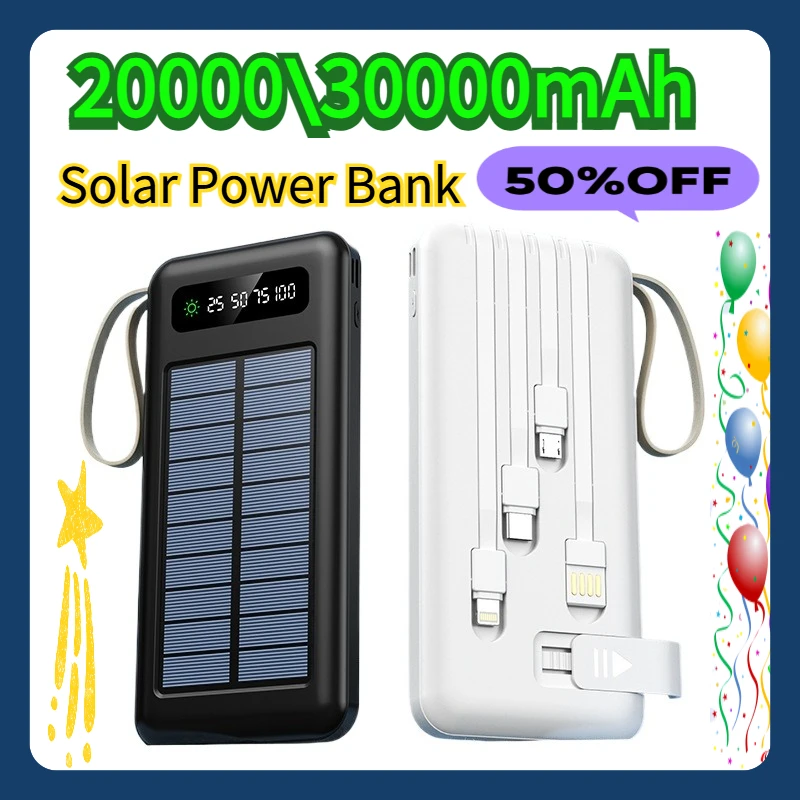 

For Solar Power Bank 20000\30000mAh Large Capacity Mobile Power Fast Charging Battery Dual USB 4 Cables With Mobile Phone Stand