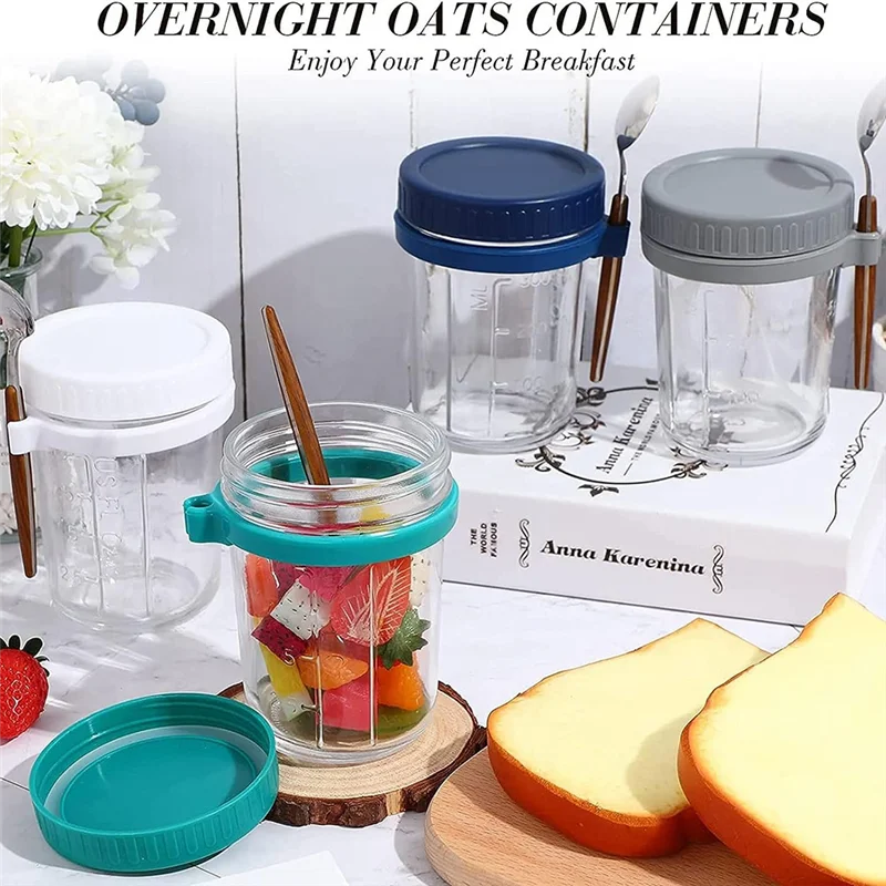 AY03-4 عبوات من عبوات الشوفان بين عشية وضحاها، برطمانات الشوفان الزجاجية مع أغطية وملاعق، 12 أونصة
