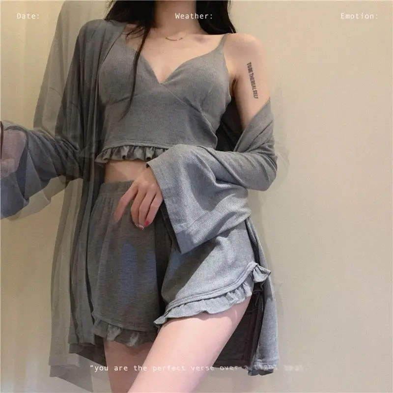 Pajamas Set with Chest Pad Girls Instagram Sexy Halter Homestays Long Sleeved Pajamas Three-piece Set Spring and Summer