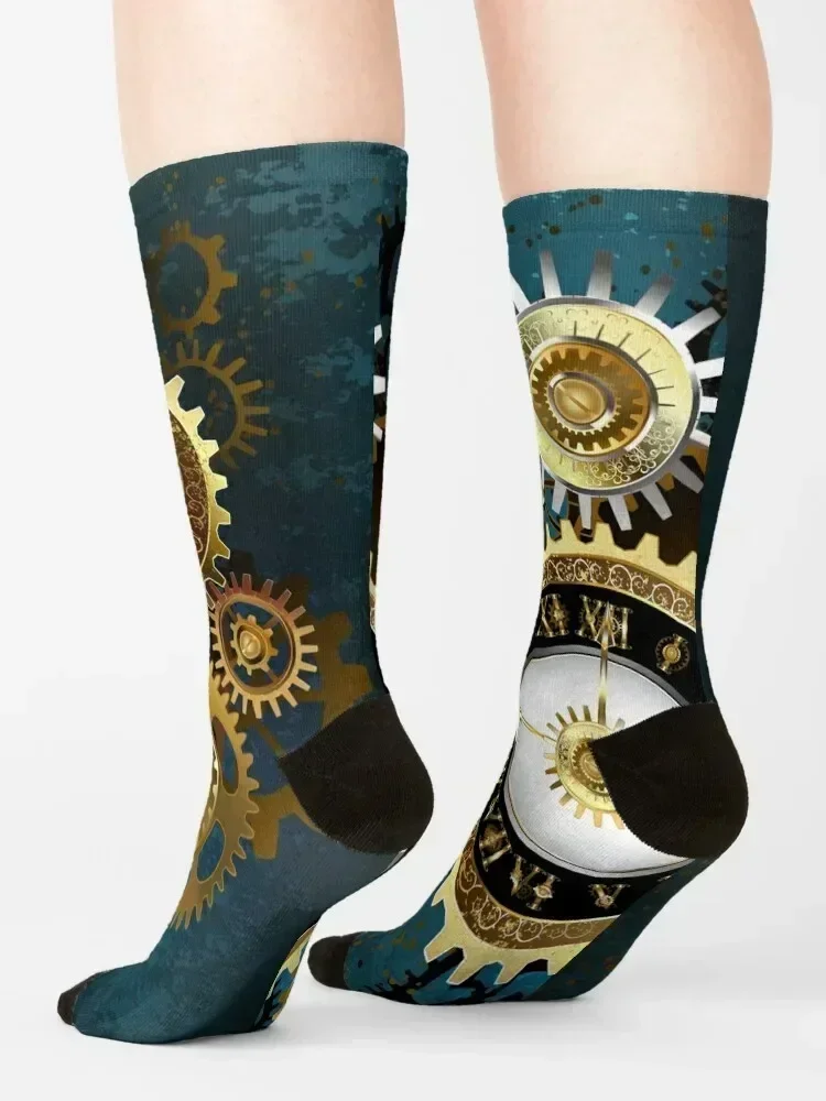 Two Steampunk Clocks with Gears Socks warm winter japanese fashion with print winter thermal Socks Women's Men's