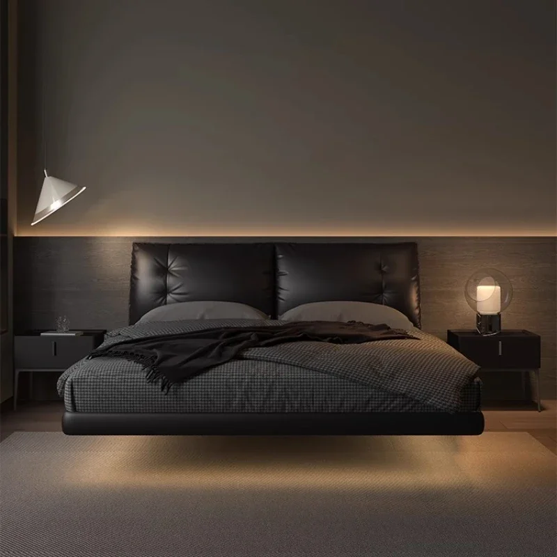 cama de apartamento flutuante Confortável nórdico   Design minimalista da cama do quarto principal da moda   móveis de quarto cama de casal