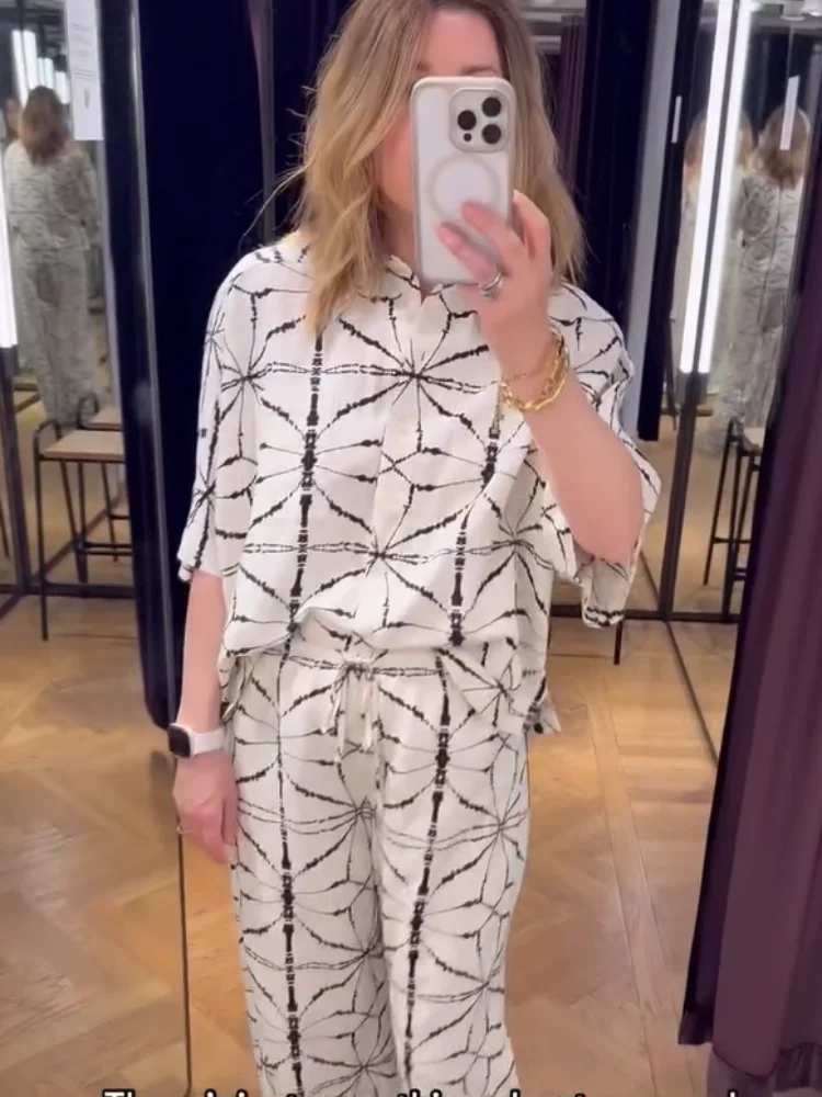 

Chic Fashion Printed Button Short Sleeve Shirt Set Women Chic Lace Up Wide Leg Pants Set 2025 Summer Daily Commute Street Outfit