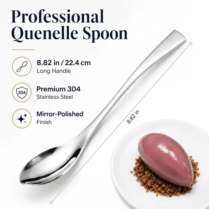 Quenelle & Rocher Spoon, Dessert Plating Tool for Ice Cream, Mousse, Puree and Pastry, 8.82 Inch Stainless Steel