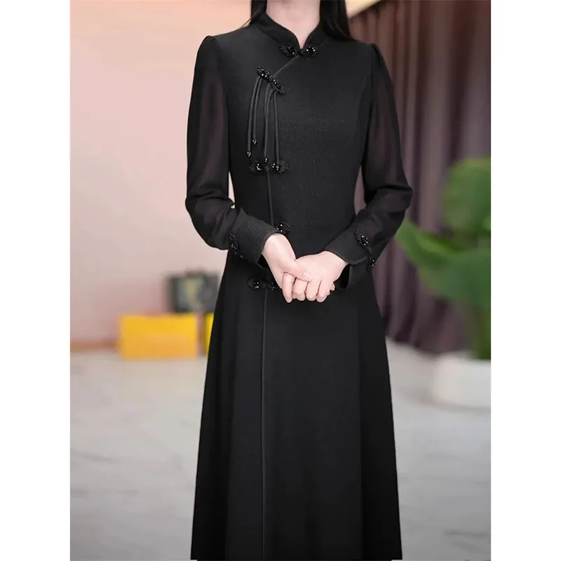 

Female Stand-up Collar Long Dresses Spring Autumn Women Large Size 4XL Improved Cheongsam Korean Ladies Solid Color Maxi Dress