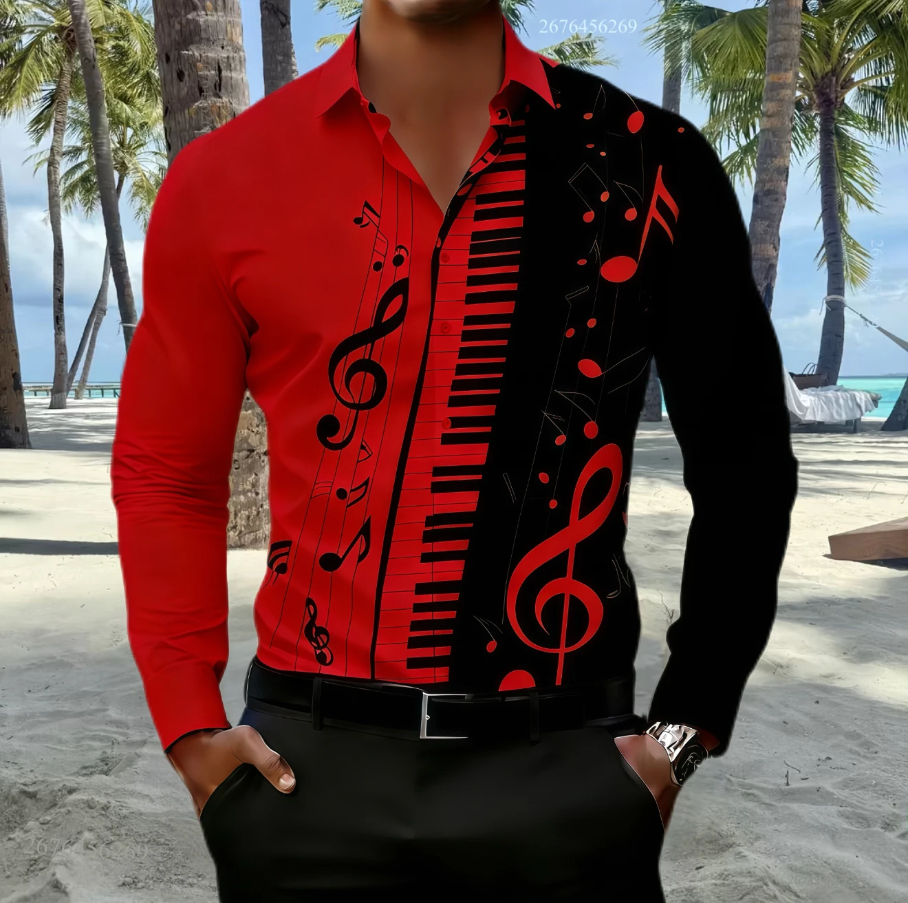 

Men's long-sleeved shirt with black and white printed musical symbol pattern, available in multiple colors, stylish and casual.