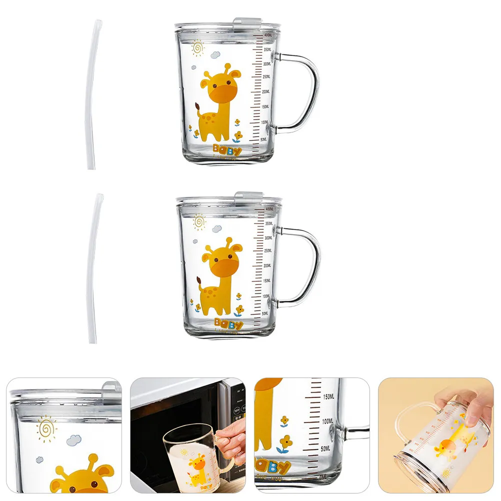 

2Sets Glass Kids Straw Cup with Handle Smooth Round Mouth Microwave Safe Dishwasher Friendly Scale Markings for Water Tea