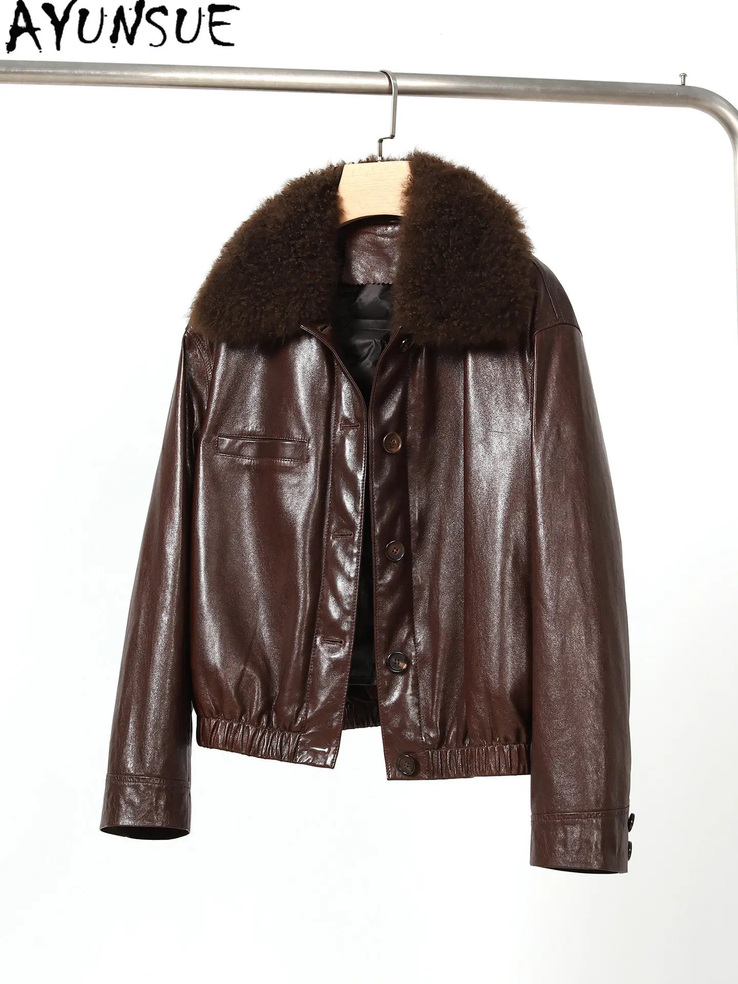 AYUNSUE 90% White Goose Down Coat Woman 2026 Oi Wax Sheepskin Real Leather Jacket Women Lamb Wool Collar Warm Winter Clothes