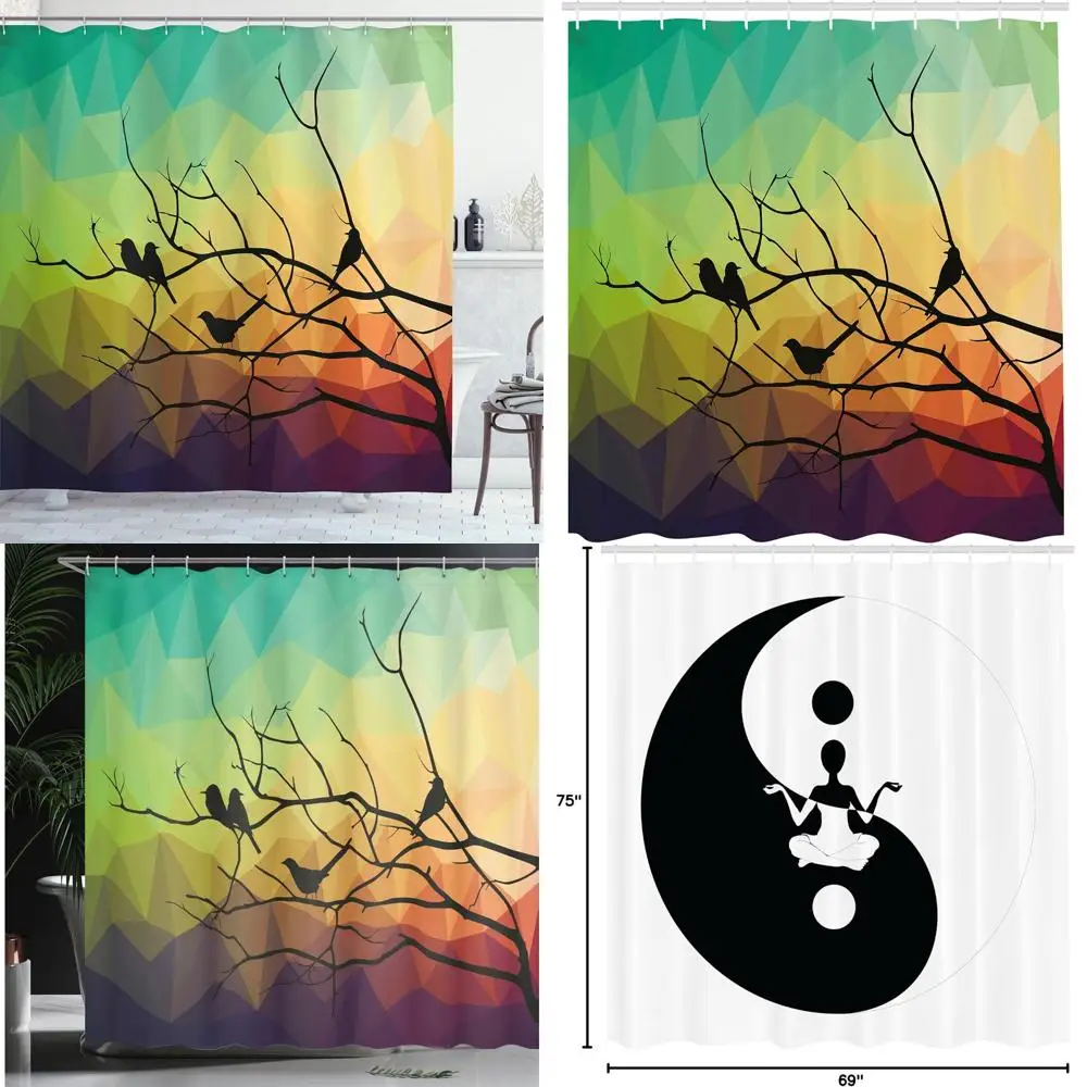 

Ambesonne современная занавеска для душа, птицы на ветке с геометрическим абстрактным радужным принтом острых линий, тканевый завод