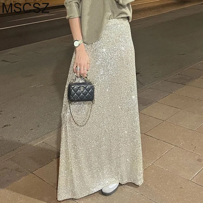 Luxury Sequin Skirts For Women 2024 Fashion Night Club Party Long Skirt High Waist Sparkly Maxi Skirt Silver Gold