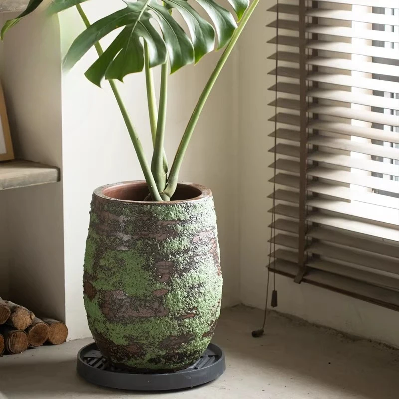 Ceramic green plant hydroponic pottery pot large diameter indoor plant with tray