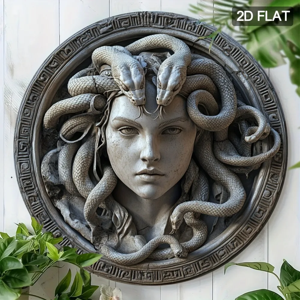 2D Medusa Head Round Aluminum Wall Art, 7.8 Inch Metal Decor for Home Bar Gothic Theme, Pre-Drilled
