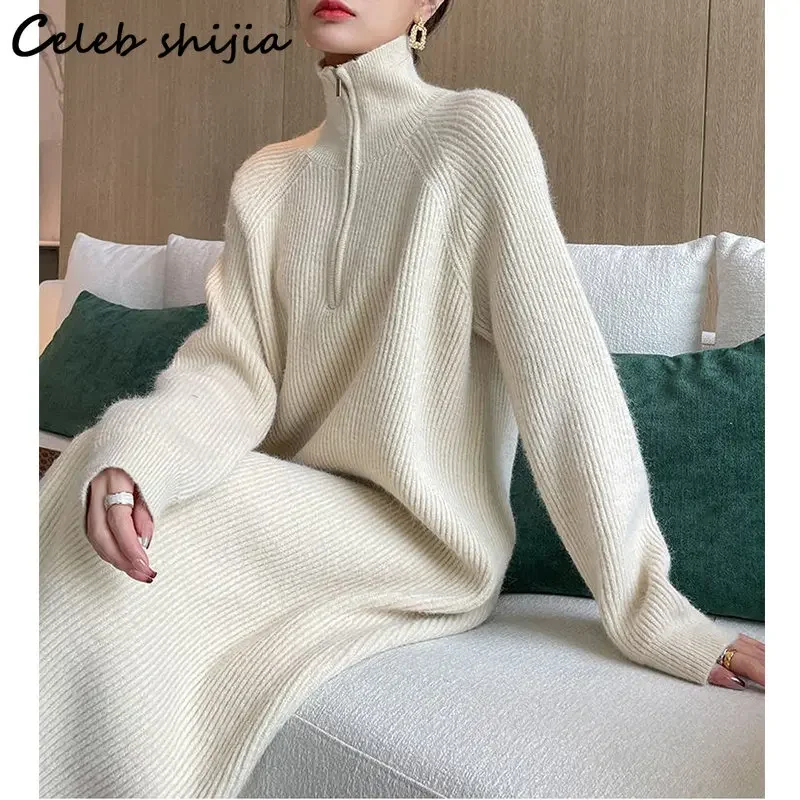 Apricot Chic Zipper Knitted Dress Women Loose Winter Long Woolen Clothing Jumper Korean Thicken Turtleneck Knitwear Autumn