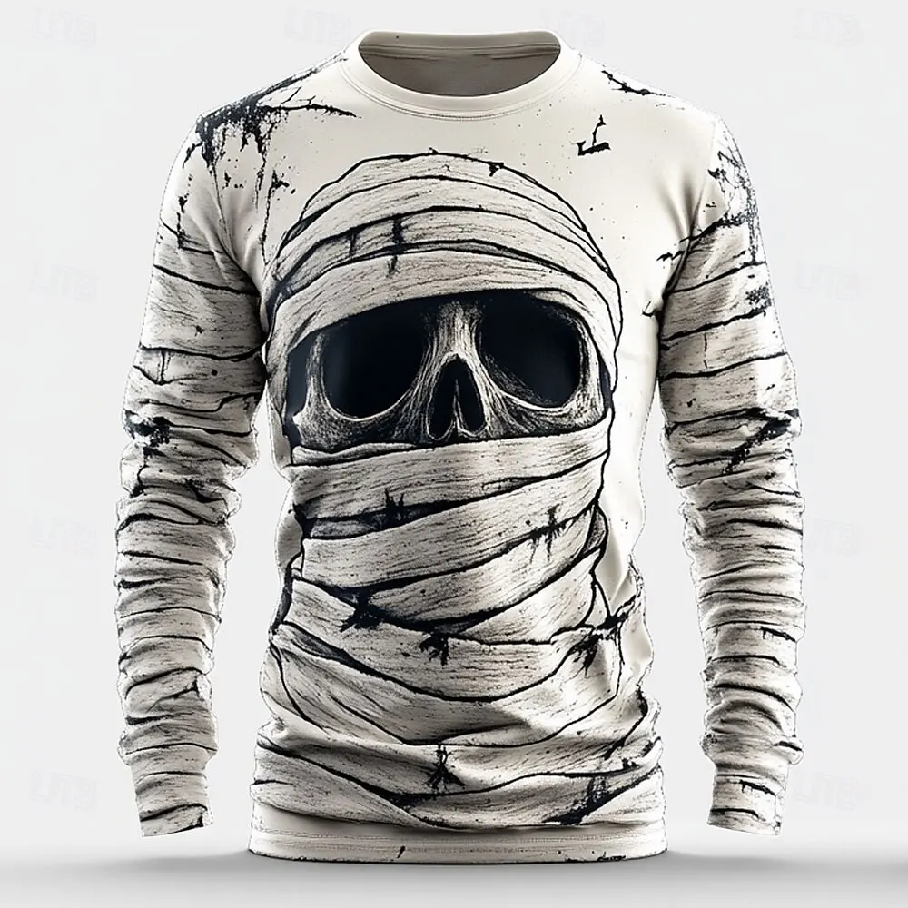 

3D Printed Horror Mummy Skull Men's T-Shirt Halloween Long Sleeve Round Neck Tees For Men Women Outdoor Daily Casual Unisex Tops
