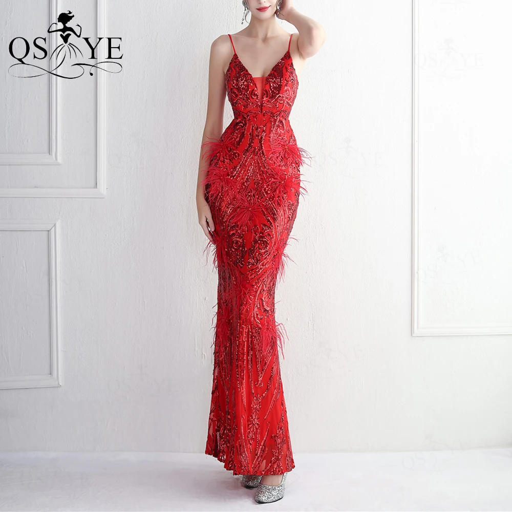 

Pattern Lace Red Prom Dress Ostrich Feathers Lace Sequin Princess Gown Spaghetti Straps V neck Glitter Formal Dress Evening Chic