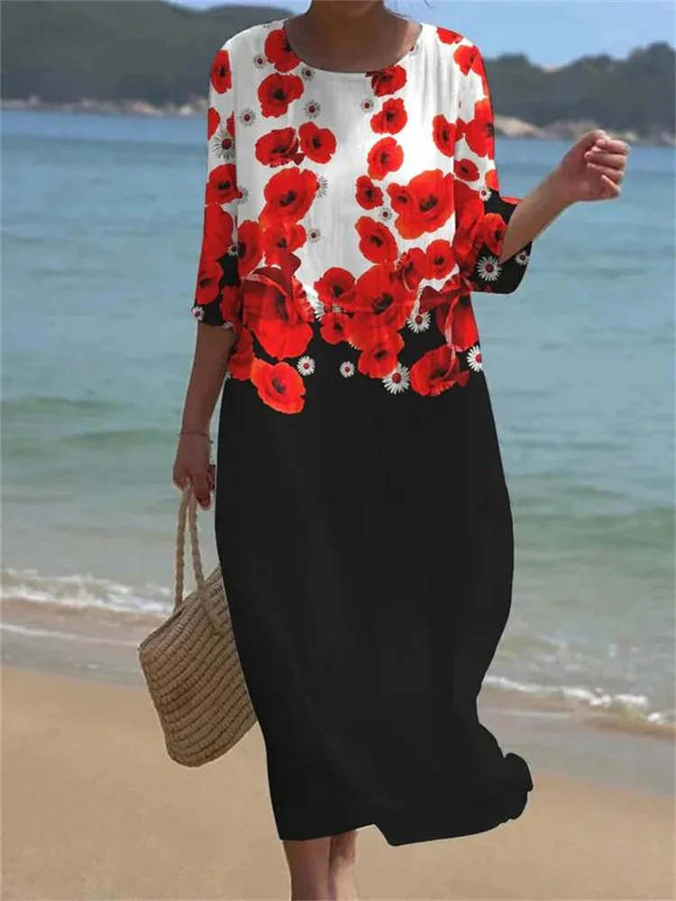 

Vintage Floral Art Print O Neck Maxi Robe Femme Half Sleeves Thin Casual Daily Wear Bohemian Vacation Style Beach Midi Dress